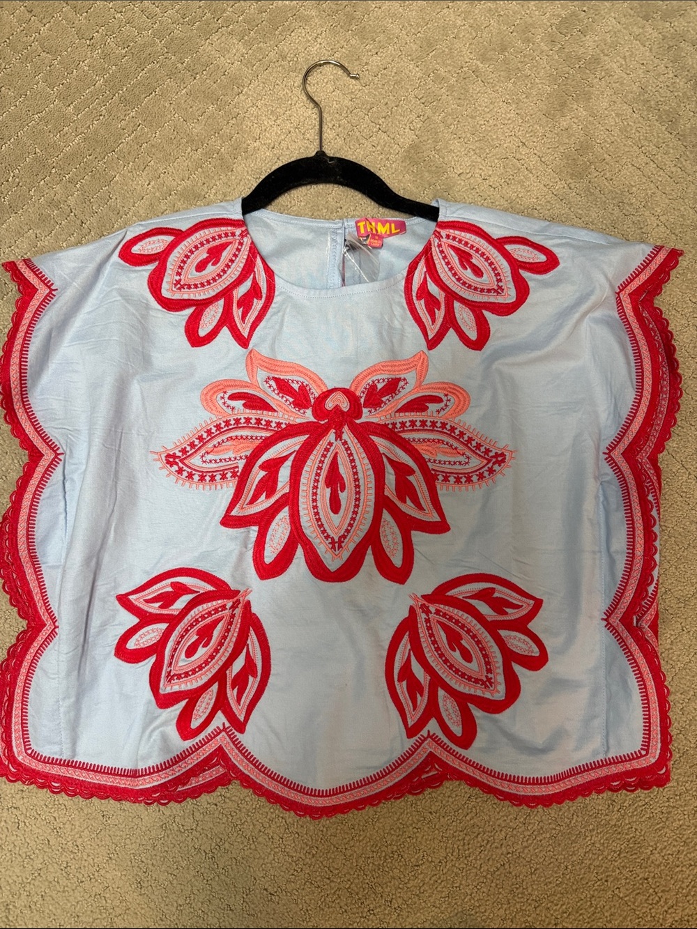 Thml Embroidered Light Blue Top with Red Floral Appliqué . Brand new , never wor - Picture 3 of 5